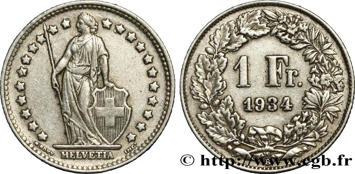 SWITZERLAND 1 Franc Helvetia 1934 Berne - B XF 