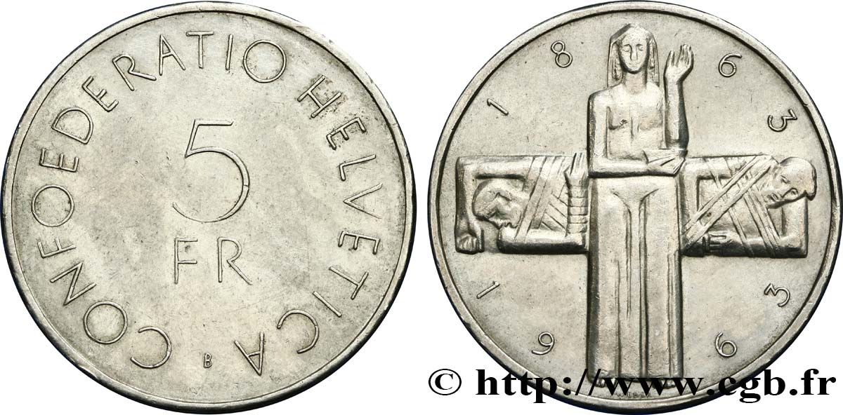 SCHWEIZ 5 Francs centenaire de la Croix Rouge 1963 Berne - B VZ 