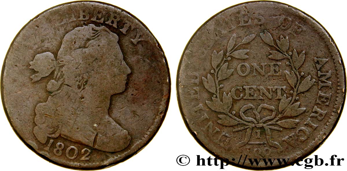 ESTADOS UNIDOS DE AMÉRICA 1 Cent type au buste drapé 1796-1807 1802 Philadelphie RC 