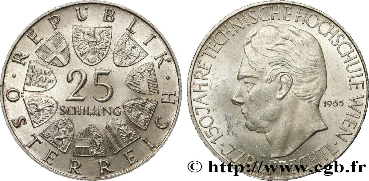 AUSTRIA 25 Schilling Proof 150e anniversaire de la fondation de l’université technique de Vienne, Johann Joseph von Prechtl, son premier directeur 1965  SPL 