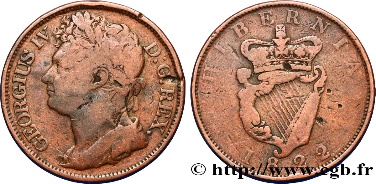 IRELAND REPUBLIC 1 Penny Georges IV 1822  VF 