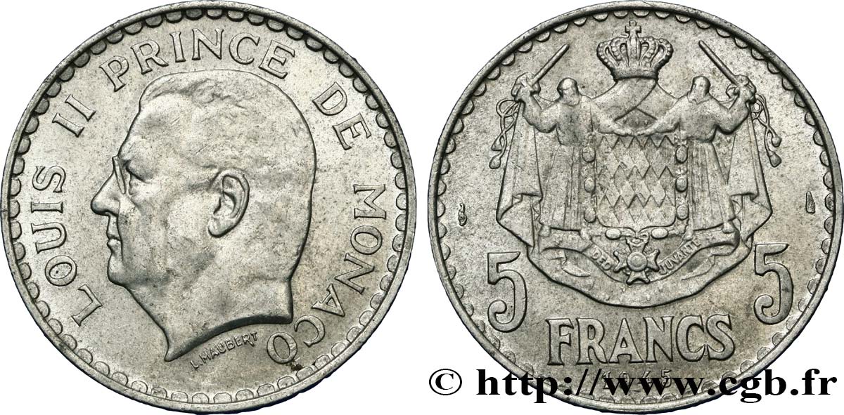 MONACO 5 Francs Louis II 1945 Paris SPL 