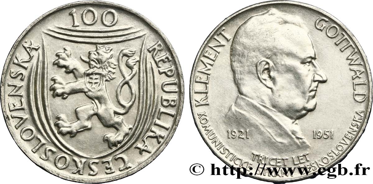 CECOSLOVACCHIA 100 Korun 30e anniversaire du parti communiste, Klement Gottwald 1951  SPL 
