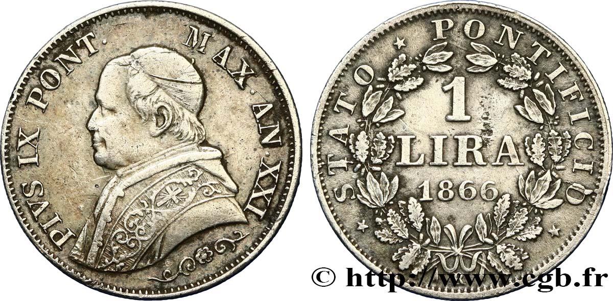 VATICAN AND PAPAL STATES 1 Lire Pie IX type petit buste an XXI 1866 Rome XF 
