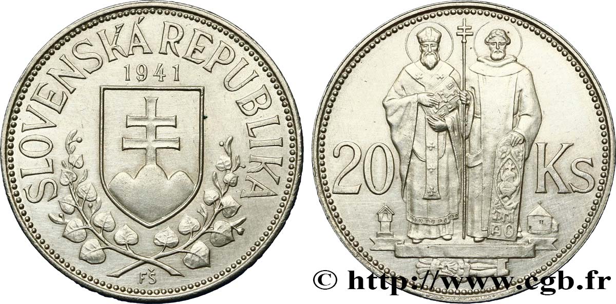 SLOVACCHIA 20 Korun St Cyril et St Méthode variété avec croix à simple barre 1941  q.SPL 