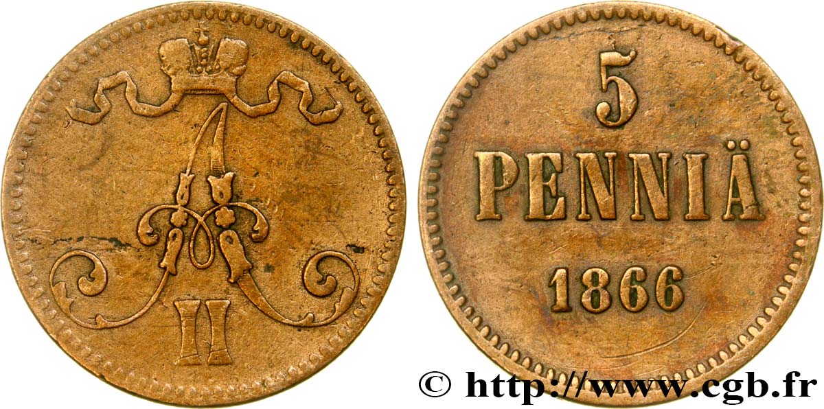 FINLANDIA 5 Pennia monogramme Tsar Alexandre III 1866  MBC 