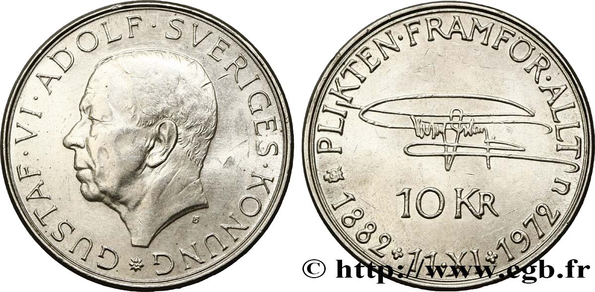 SUÈDE 10 Kronor 90e anniversaire du roi Gustave VI Adolphe 1972  SPL 