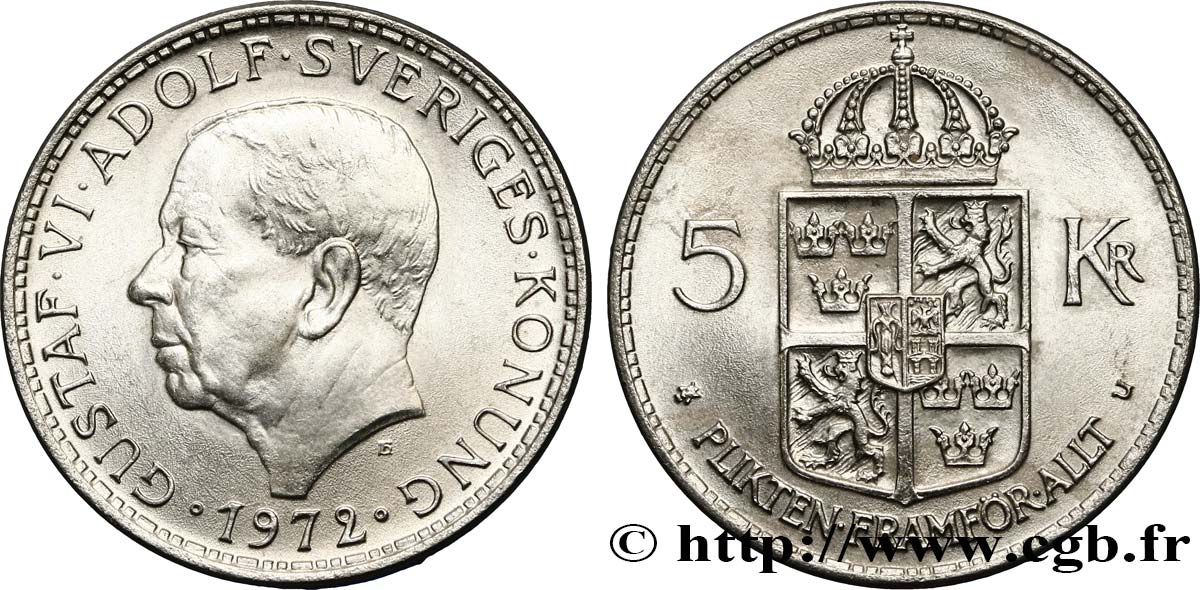 SUÈDE 5 Kronor Gustave VI Adolphe 1972  SUP 