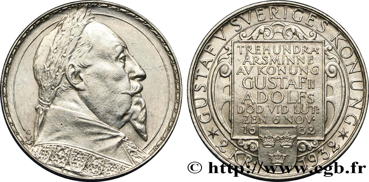 SVEZIA 2 Kronor 300e anniversaire du roi Gustave II Adolphe 1932  MS 