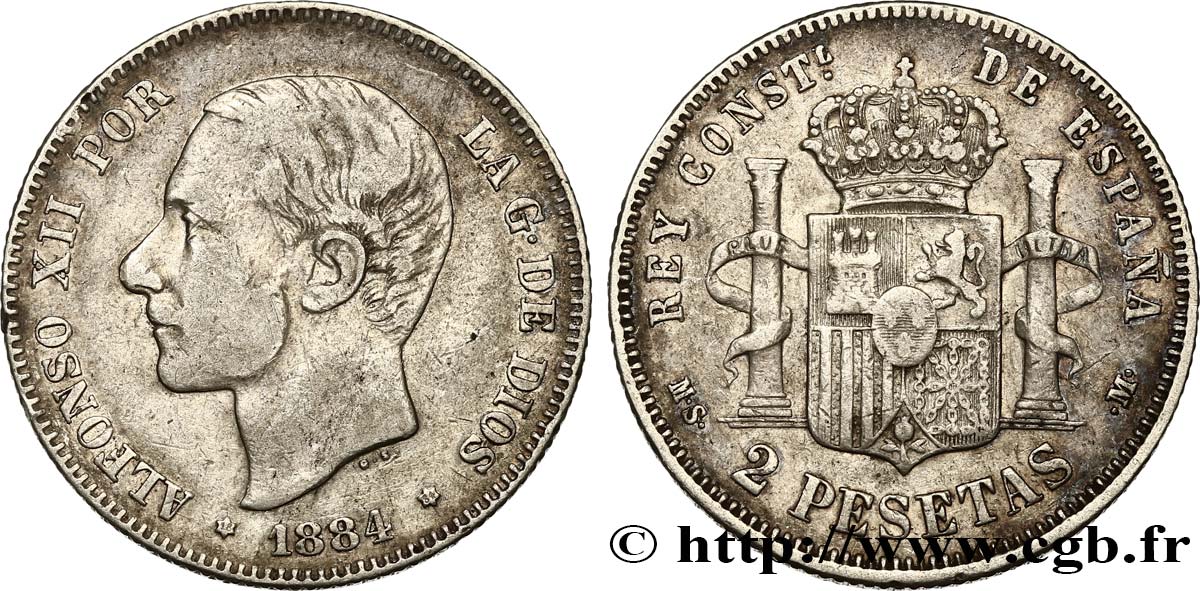 SPAIN 2 Pesetas Alphonse XII / emblème couronné (1884) 1884  VF 