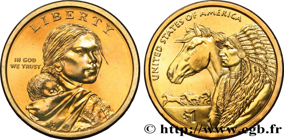 STATI UNITI D AMERICA 1 Dollar Sacagawea / indien et chevaux  type tranche B 2012 Denver MS 