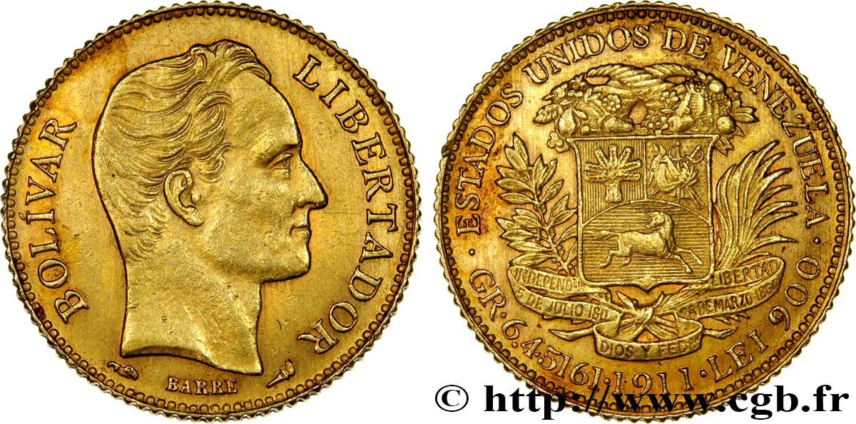 VENEZUELA 20 Bolivares or Simon Bolivar 1911 Paris EBC 