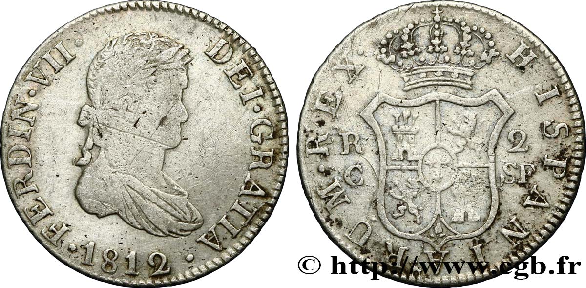 SPAIN 2 Reales Ferdinand VII 1812 Barcelone VF 