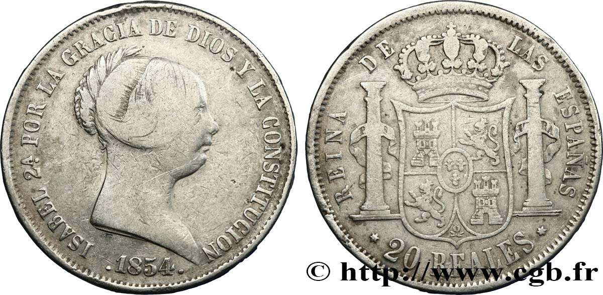 ESPAÑA 20 Reales Isabelle II 1854 Madrid BC+ 