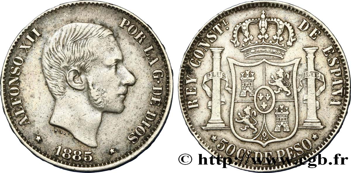FILIPPINE 50 Centimos de Peso Alphonse XII 1885 Manille BB 