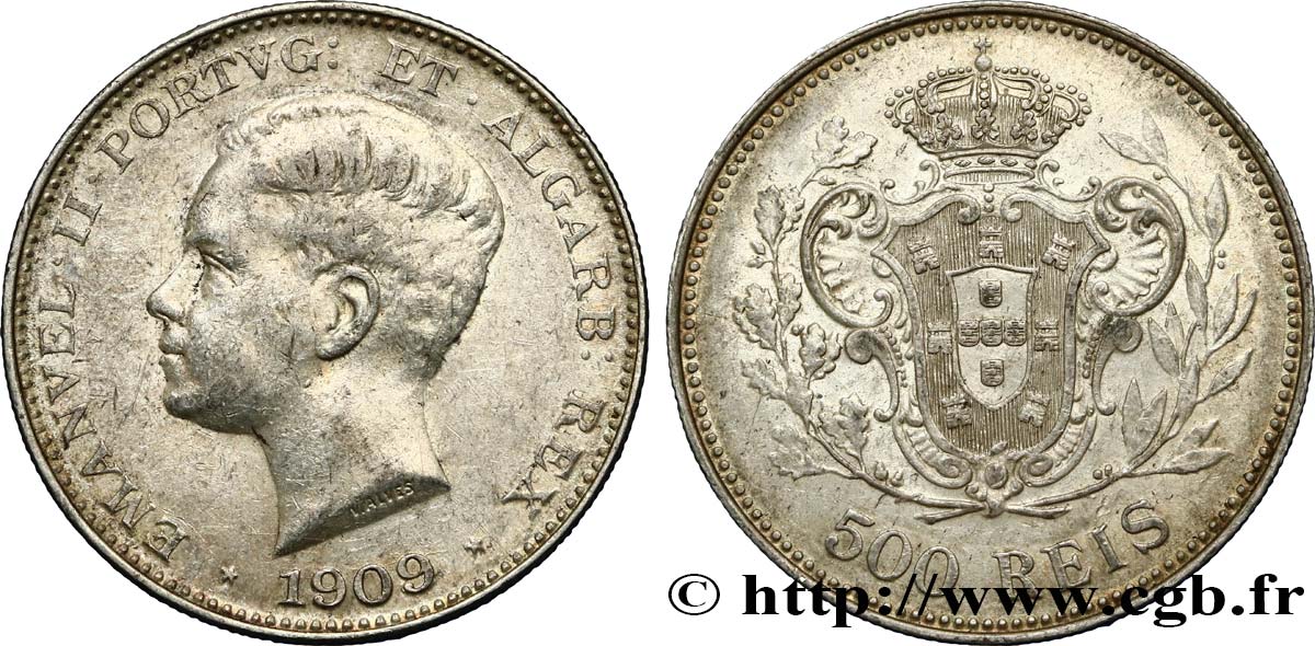 PORTUGAL 500 Reis Emmanuel II 1909  AU/AU 