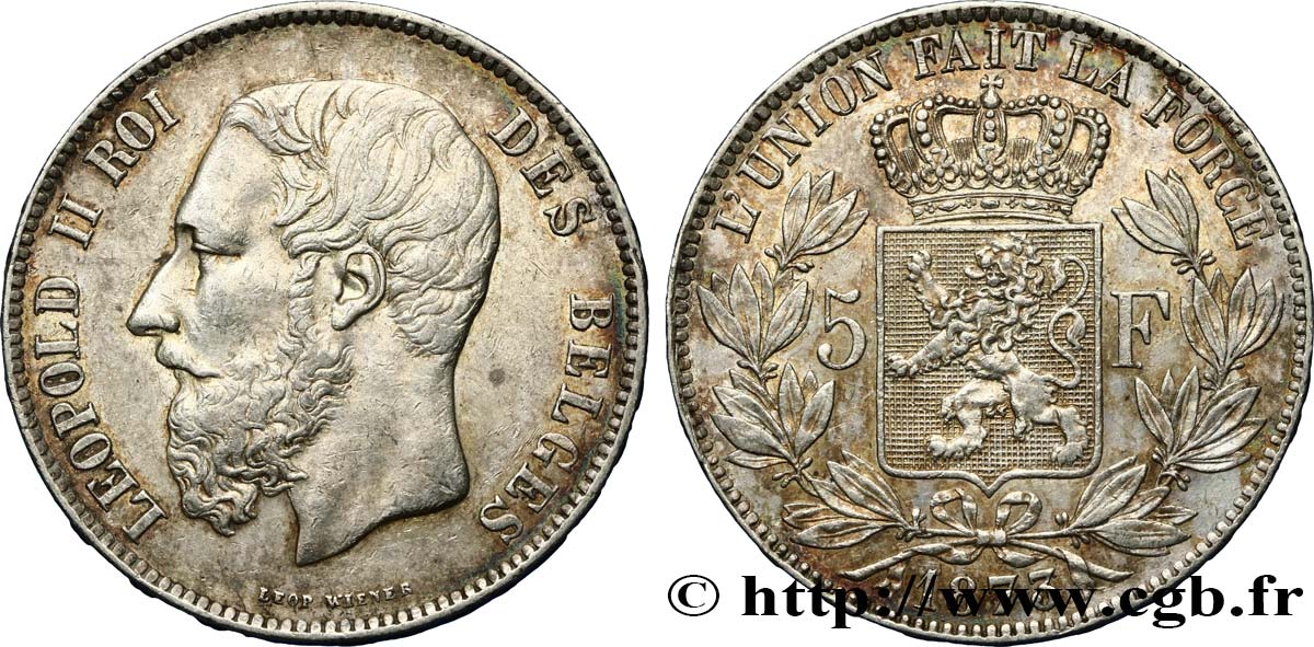BÉLGICA 5 Francs Léopold II 1873  MBC/MBC+ 