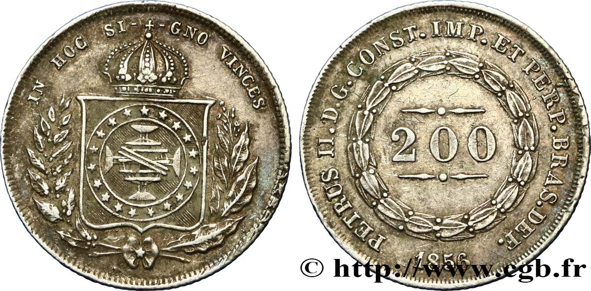 BRAZIL 200 Reis Pierre II 1856  XF 