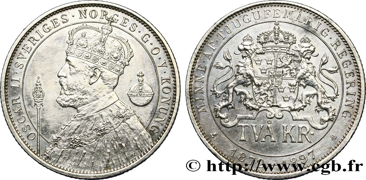 SUÈDE 2 Kronor Oscar II - 25 e anniversaire du règne 1897 Stockholm SUP 