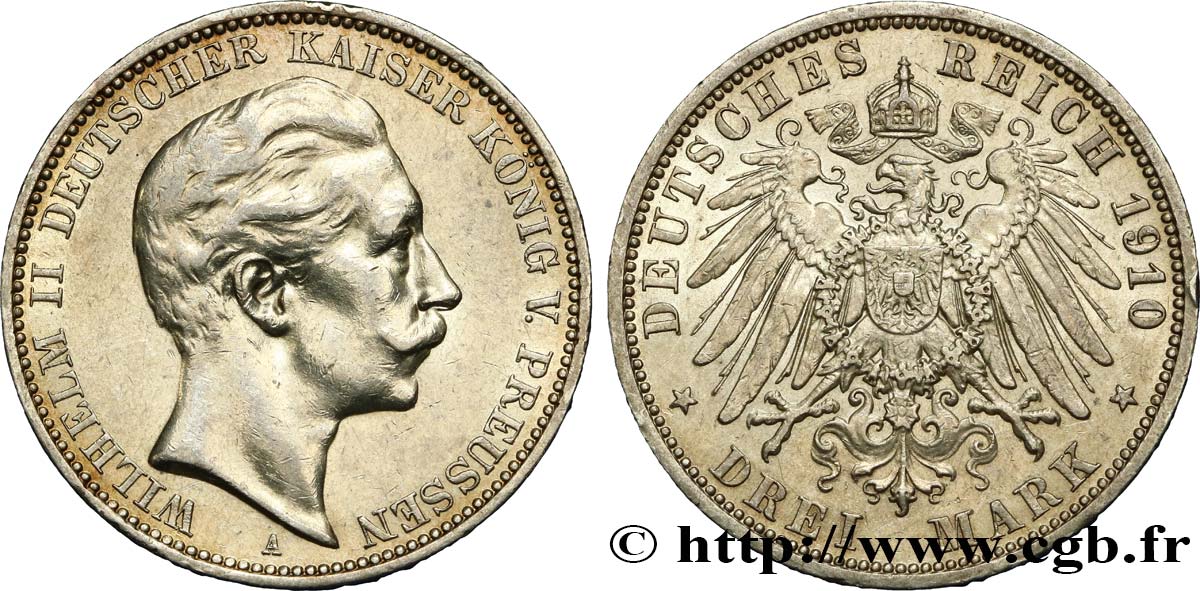 GERMANIA - PRUSSIA 3 Mark Guillaume II 1910 Berlin q.SPL/SPL 