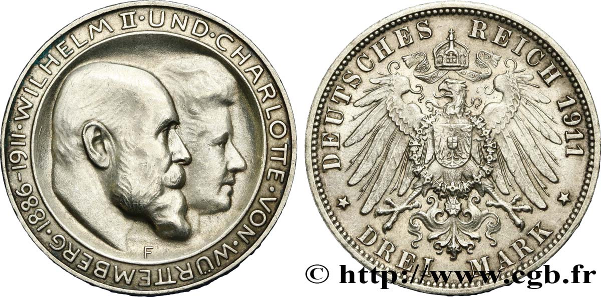 ALEMANIA - WURTEMBERG 3 Mark Guillaume II et Charlotte 1911 Stuttgart EBC 