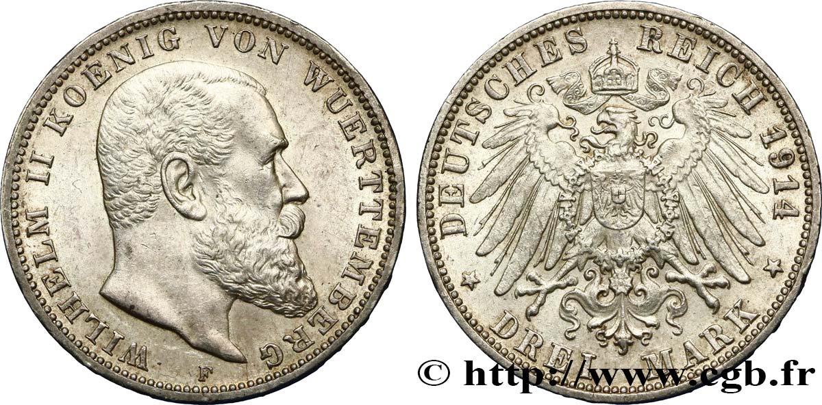 ALEMANIA - WURTEMBERG 3 Mark Guillaume II 1914 Stuttgart EBC/SC 