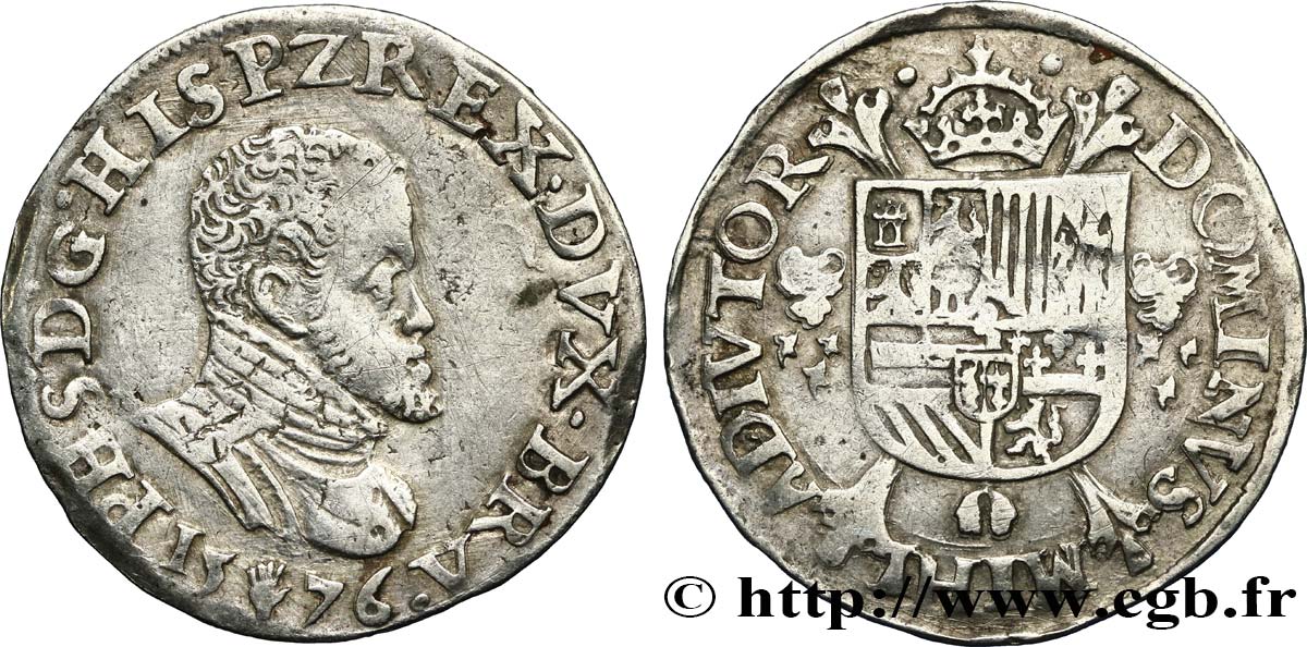 SPANISH LOW COUNTRIES - DUCHY OF BRABANT - PHILIPPE II Cinquième d écu 1576 Anvers XF 