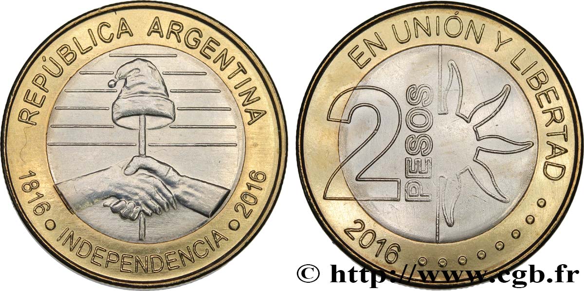 ARGENTINE 2 Pesos bicentaire de l’indépendance 2016  SPL 