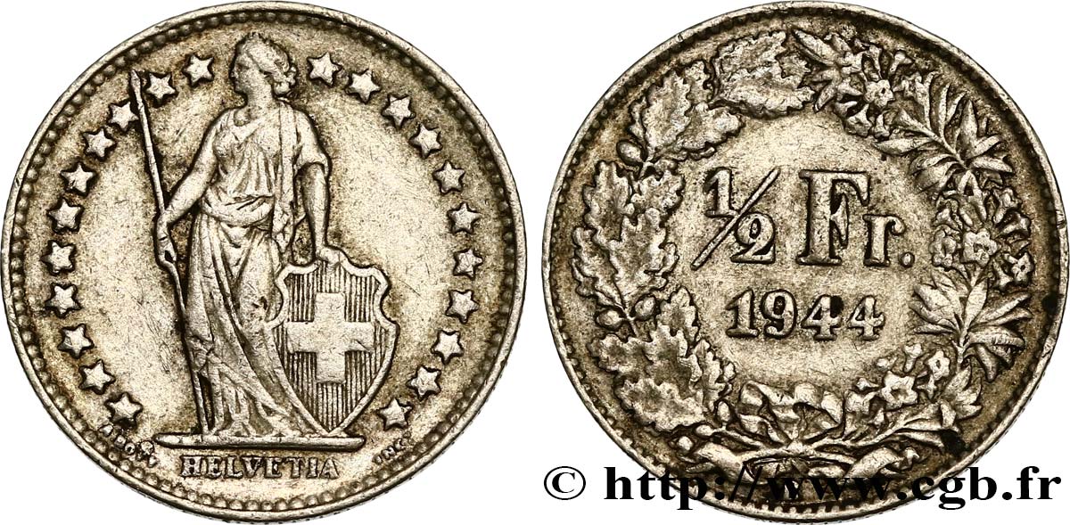 SUISSE 1/2 Franc Helvetia 1944 Berne TTB+ 