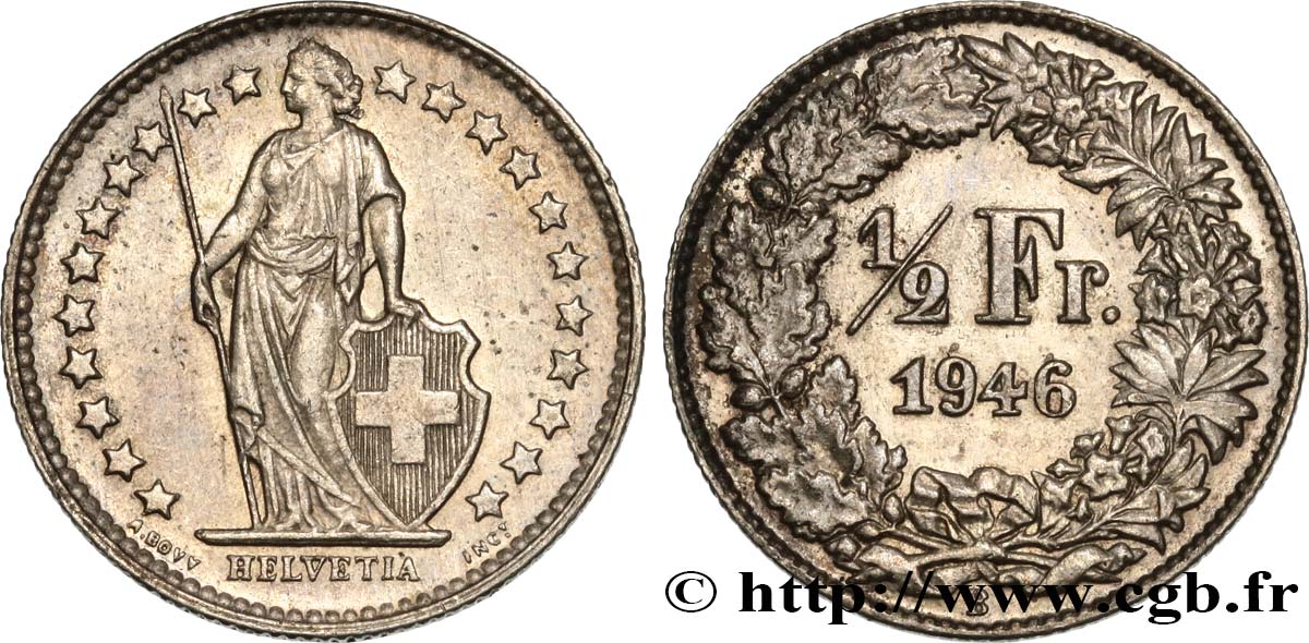 SWITZERLAND 1/2 Franc Helvetia 1946 Berne - B AU 