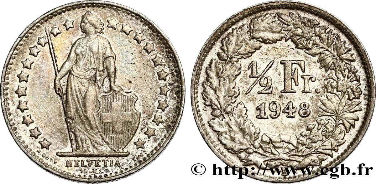 SWITZERLAND 1/2 Franc Helvetia 1948 Berne AU 