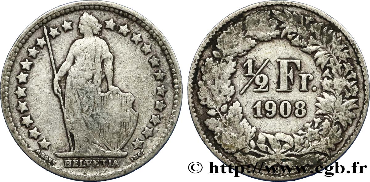 SWITZERLAND 1/2 Franc Helvetia 1908 Berne VF 