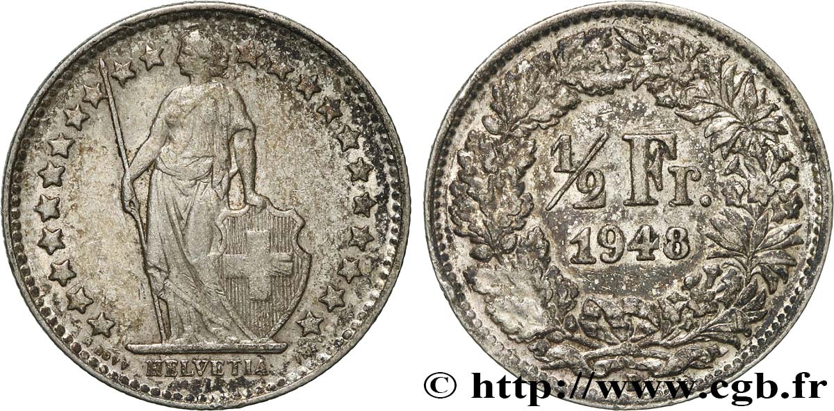 SUISSE 1/2 Franc Helvetia 1948 Berne SUP 