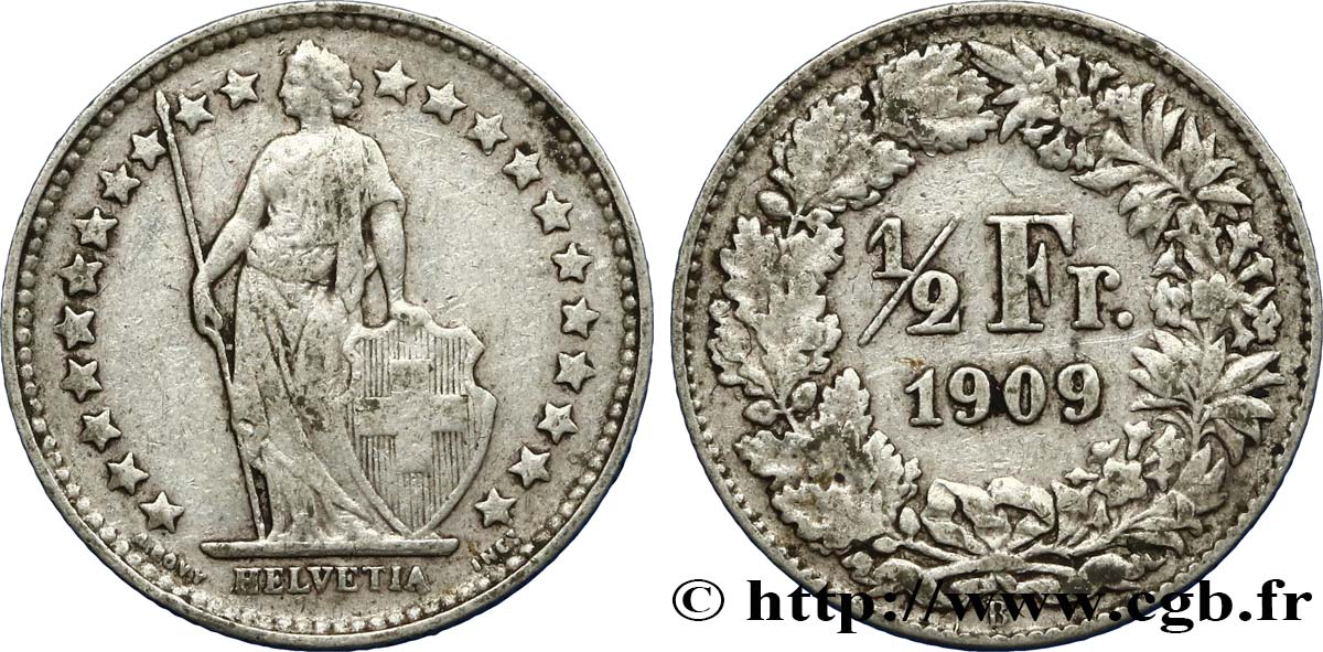 SWITZERLAND 1/2 Franc Helvetia 1909 Berne - B VF 