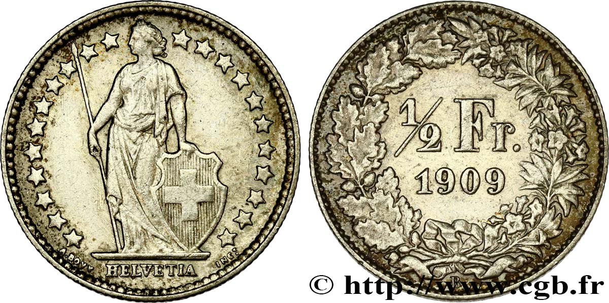 SWITZERLAND 1/2 Franc Helvetia 1909 Berne AU 