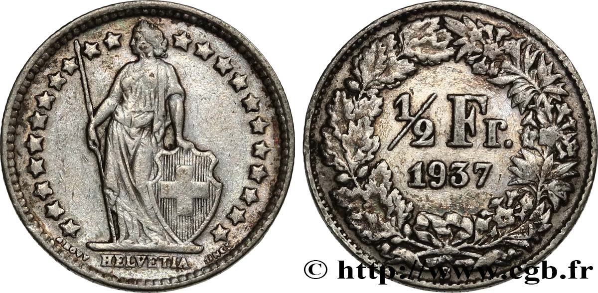 SWITZERLAND 1/2 Franc Helvetia 1937 Berne - B XF 