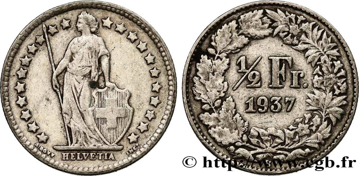 SWITZERLAND 1/2 Franc Helvetia 1937 Berne - B XF 