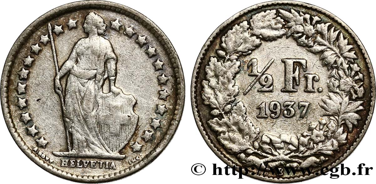 SVIZZERA  1/2 Franc Helvetia 1937 Berne - B BB 