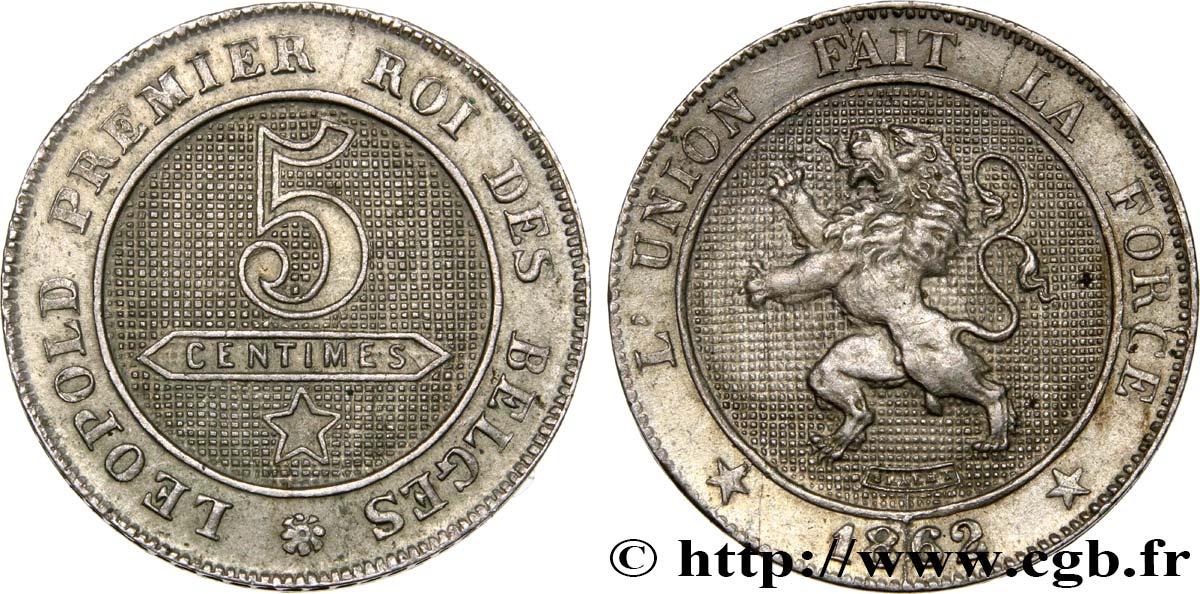 BELGIEN 5 Centimes lion 1862  VZ 