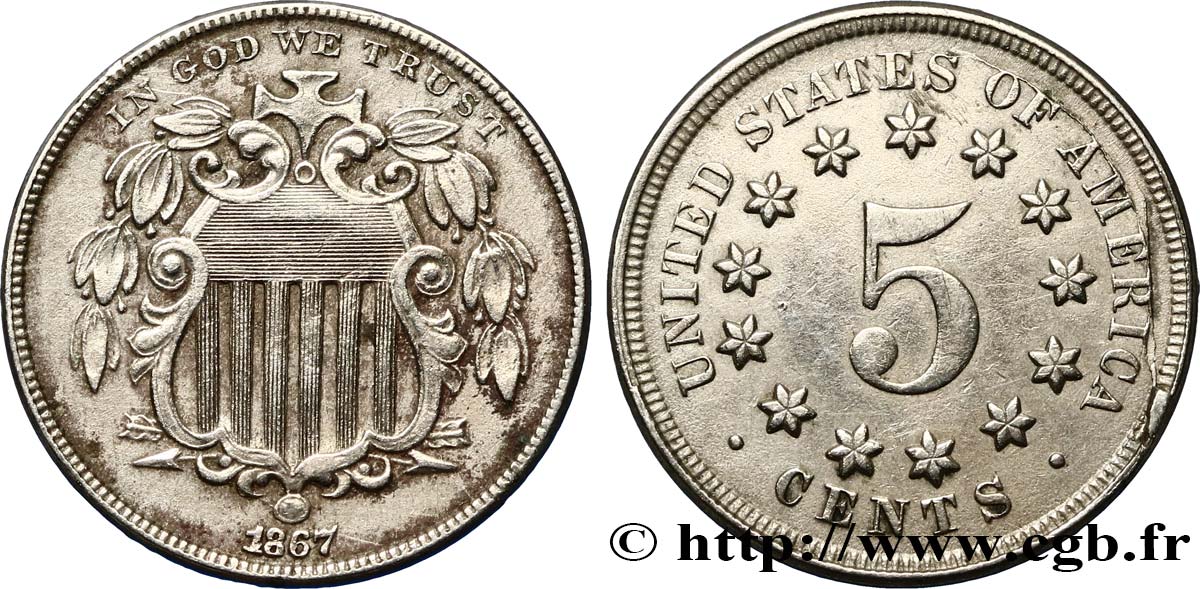 STATI UNITI D AMERICA 5 Cents bouclier variété sans rayons entre les étoiles 1867 Philadelphie BB 