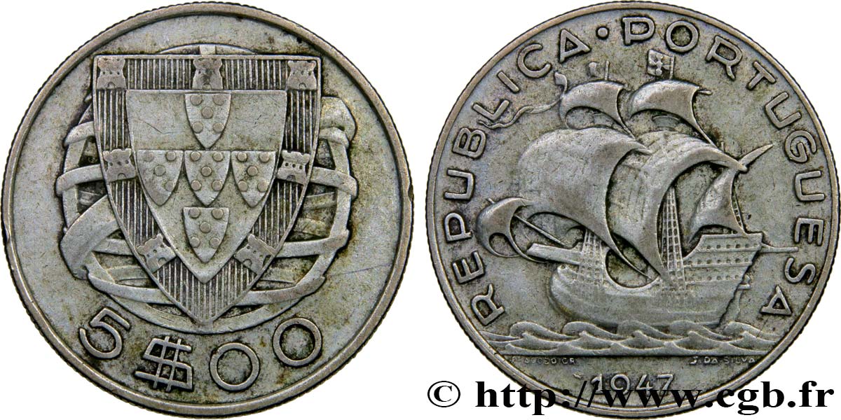 PORTUGAL 5 Escudos emblème 1947  XF 