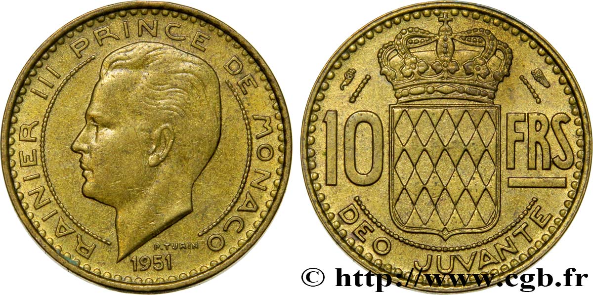 MONACO 10 Francs Rainier III / écu couronné 1951 Paris q.SPL 