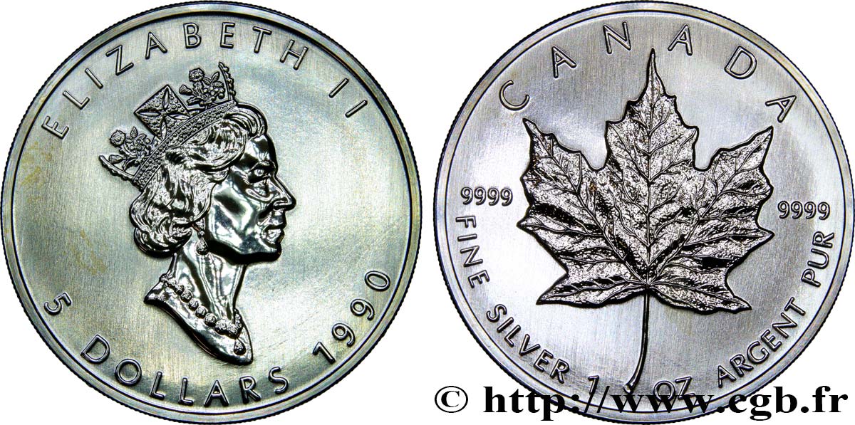 CANADá
 5 Dollars (1 once) Proof feuille d’érable 1990  FDC 