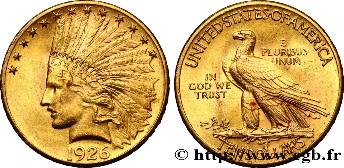 ÉTATS-UNIS D AMÉRIQUE 10 Dollars or  Indian Head , 2e type 1926 Philadelphie VZ 