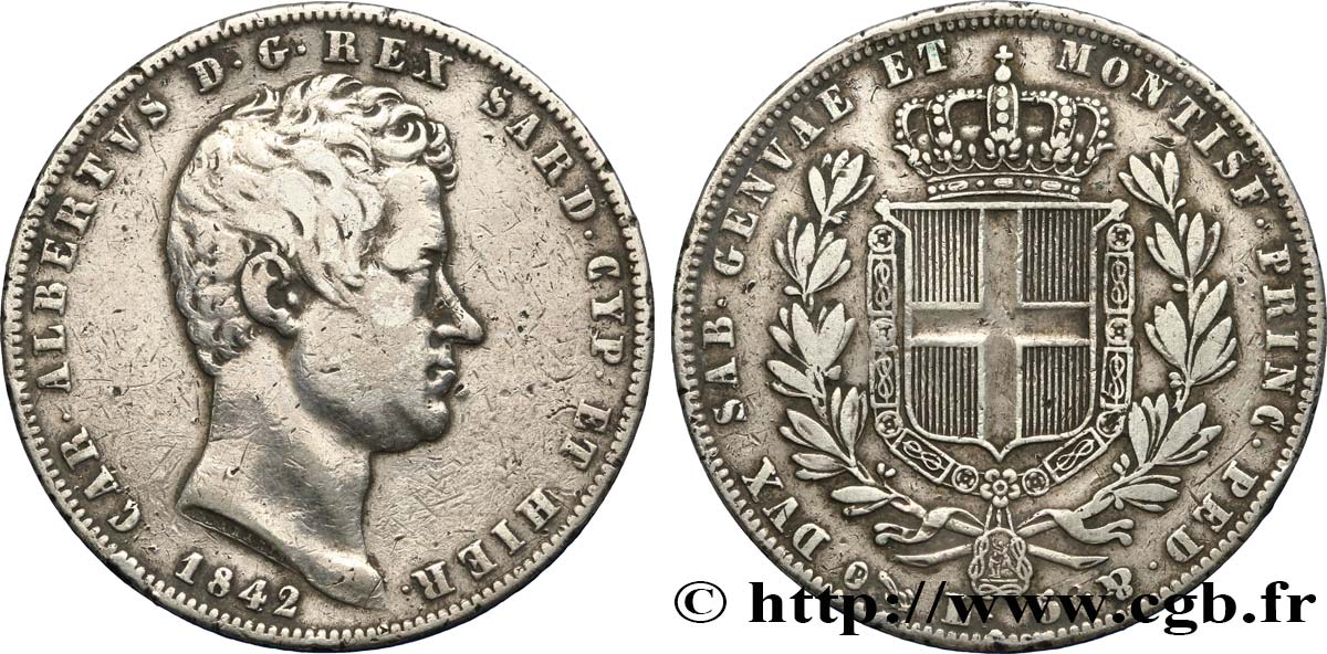 ITALIA - REGNO DE SARDINIA 5 Lire Charles Albert 1842 Gênes q.BB 