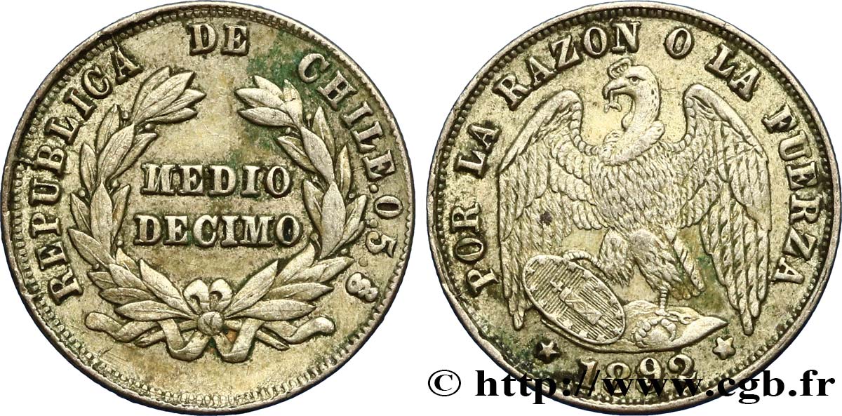 CHILE
 1/2 (medio) Decimo condor 1892 Santiago MBC 