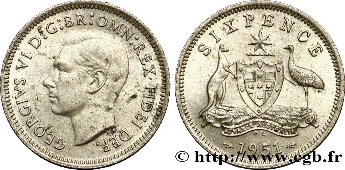 AUSTRALIEN 6 Pence Georges VI 1951 Londres VZ/fST 