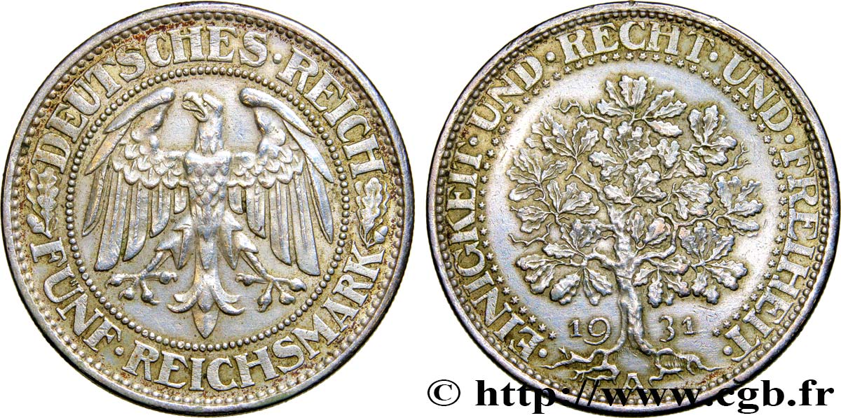 ALLEMAGNE - RÉPUBLIQUE DE WEIMAR 5 Reichsmark 1931 Berlin MBC+ 