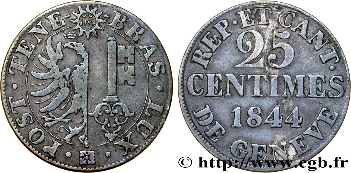 SWITZERLAND - REPUBLIC OF GENEVA 25 Centimes - Canton de Genève 1844  XF 