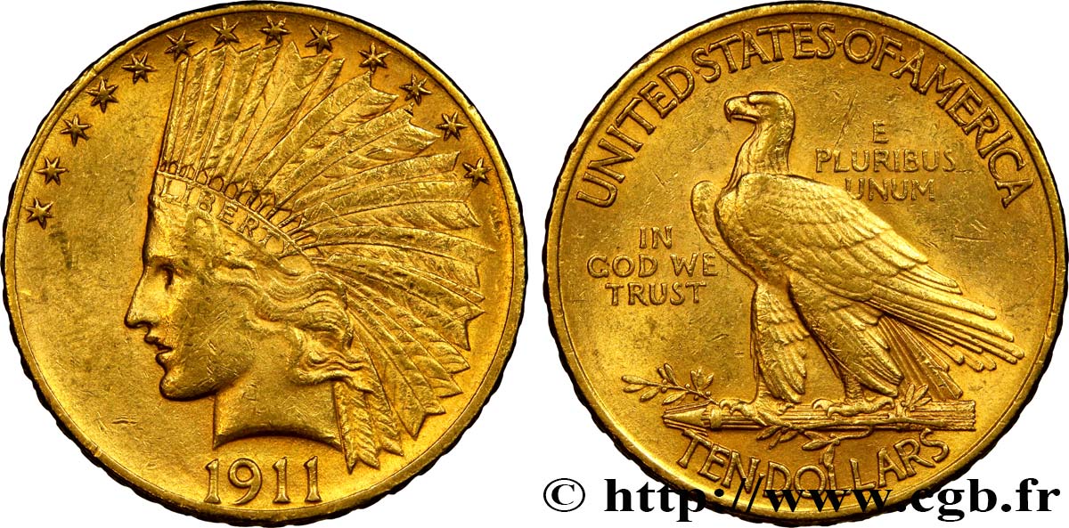 ESTADOS UNIDOS DE AMÉRICA 10 Dollars  Indian Head , 2e type 1911 Philadelphie MBC+ 